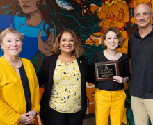 Dr. Cathy Marcum, chair of App State’s Department of Government and Justice Studies, second from right, is the recipient of App State’s inaugural Emerging Leader Award — part of the university’s Departmental Leadership Awards Program. Pictured with Marcum, from left to right, are App State Acting Provost Neva Specht, App State Acting Vice Provost of Faculty Policies, Development and Training Jamie Parson and App State College of Arts and Sciences Dean Mike Madritch. Photo by Chase Reynolds