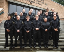 Appalachian Police Department Capt. K.C. Mitchell, far right in back row, and Detective Tina Dunn, far left in middle row, with the 2019 graduates of the Appalachian Police Academy — part of Appalachian State University’s Appalachian Police Officer Development Program (APDP). Pictured, from front row to back row, left to right, are graduates Anthony Gibbs, of Wake Forest; Connor Malmstrom, of Concord; Brandon Southard, of Kernersville; John Sanders, of Durham; Abigail Rivera, of Durham; Haley Triplette, of 