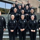 The 2021 Recruit Class of Appalachian State University’s Police Officer Development Program gathers outside Rosen Concert Hall before the Sept. 11 graduation ceremony. Pictured, from left to right, are (front row) Captain K.C. Mitchell, Haley Bain, Emylee Rhodes, Hailey Dehn and Master Police Officer Bettina Dunn; (second row) Holly Swofford, Kira Green and Chasey Baremor; (third row) Anthony Ross and Ryan Carroll; (fourth row) Brooks Tipton, Skye Clark and Michael Smuda; (fifth row) Garrett Jones, Erica Ba