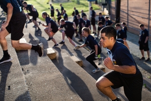 Appalachian Police Officer Development Program (APDP) cadets at Appalachian State University complete rigorous physical training in addition to training in first aid, communication skills, de-escalation techniques and handling active shooters/aggressors. Pictured are cadets from the 2020 APDP class, during summer training. Photo by Chase Reynolds