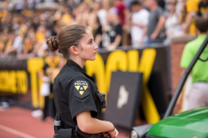 Appalachian State University junior Madison Cook, from Apex, provides security coverage at a Mountaineers football game. She is a graduate of the Appalachian Police Academy, part of the university’s Appalachian Police Development Program, which was created to equip Appalachian students with the knowledge, skills and training to become law enforcement officers. Photo by Marie Freeman