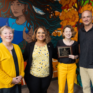 Dr. Cathy Marcum, chair of App State’s Department of Government and Justice Studies, second from right, is the recipient of App State’s inaugural Emerging Leader Award — part of the university’s Departmental Leadership Awards Program. Pictured with Marcum, from left to right, are App State Acting Provost Neva Specht, App State Acting Vice Provost of Faculty Policies, Development and Training Jamie Parson and App State College of Arts and Sciences Dean Mike Madritch. Photo by Chase Reynolds