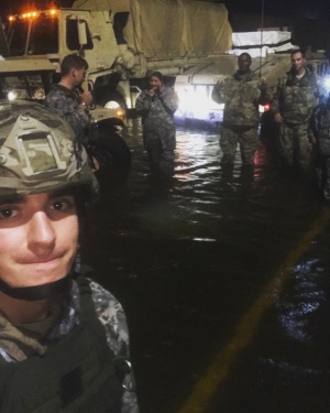 Nevin Darden, a junior criminal justice major at Appalachian from Newton, left in foreground, and other members of the North Carolina Army National Guard in a flooded area of Scotland County assist with Hurricane Florence emergency management services. Photo by Nevin Darden
